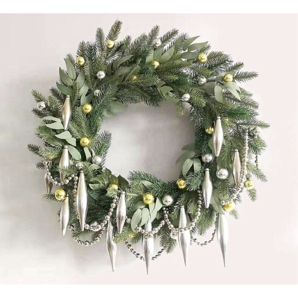 MARTHA STEWART 24" Greenery Wreath With Garland & Drops NEW Gold Silver